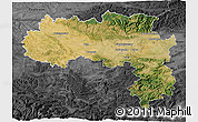 Satellite 3D Map of Carcassonne, darken, desaturated
