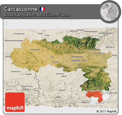 Satellite 3D Map of Carcassonne, shaded relief outside