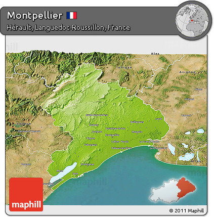 Physical 3D Map of Montpellier, satellite outside