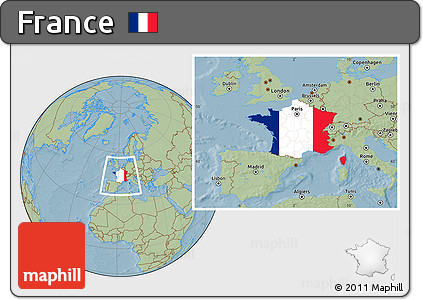 Flag Location Map of France, savanna style outside, hill shading outside