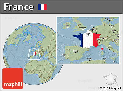 Flag Location Map of France, savanna style outside, hill shading outside
