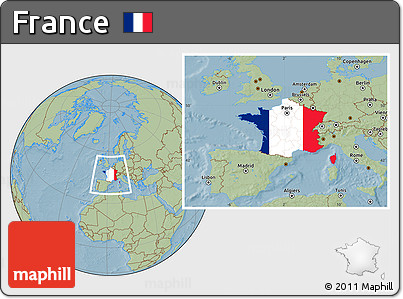 Flag Location Map of France, savanna style outside, hill shading outside