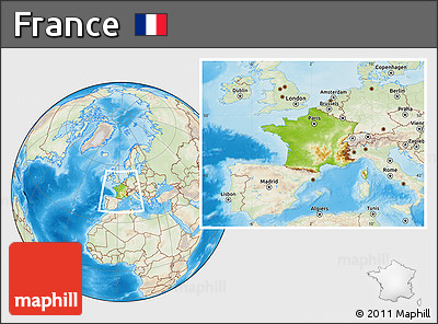 Physical Location Map of France, lighten, land only