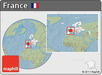 Savanna Style Location Map of France, highlighted continent, within the entire continent, hill shading