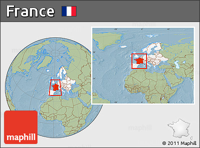 Savanna Style Location Map of France, highlighted continent, within the entire continent, hill shading