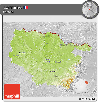 Physical 3D Map of Lorraine, lighten, desaturated