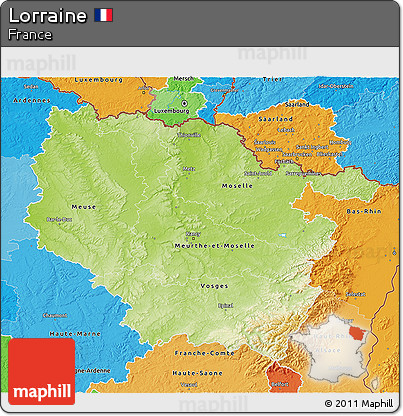 Physical 3D Map of Lorraine, political shades outside
