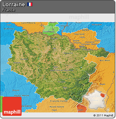 Satellite 3D Map of Lorraine, political shades outside