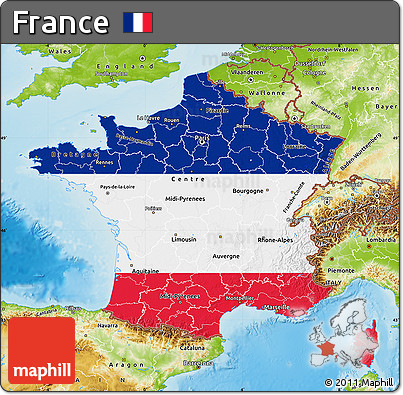 Flag Map of France, physical outside, flag rotated