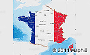 Flag Map of France, single color outside, bathymetry sea, shaded relief sea, flag centered
