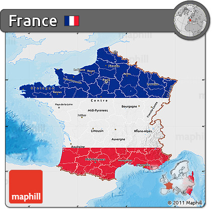 Flag Map of France, single color outside, bathymetry sea, shaded relief sea, flag rotated