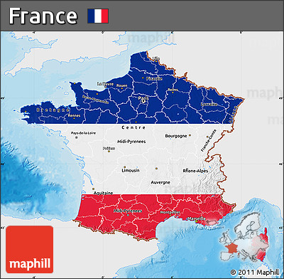 Flag Map of France, single color outside, bathymetry sea, shaded relief sea, flag rotated