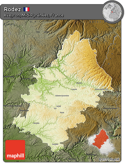 Physical Map of Rodez, darken
