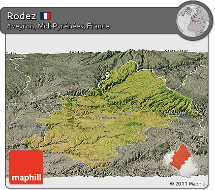 Satellite Panoramic Map of Rodez, semi-desaturated