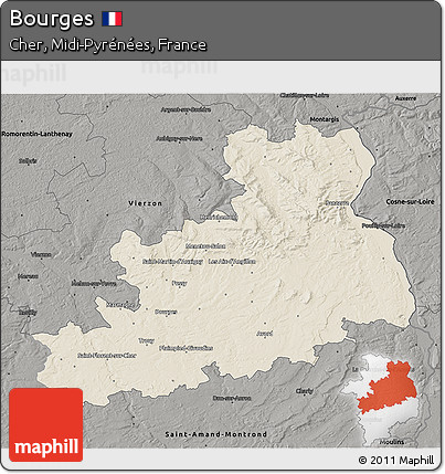 Shaded Relief 3D Map of Bourges, darken, semi-desaturated