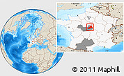 Shaded Relief Location Map of Bourges, highlighted country, highlighted grandparent region