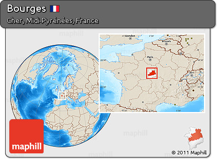 Shaded Relief Location Map of Bourges, highlighted parent region