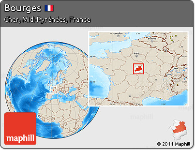 Shaded Relief Location Map of Bourges, highlighted parent region