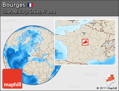 Shaded Relief Location Map of Bourges, highlighted parent region