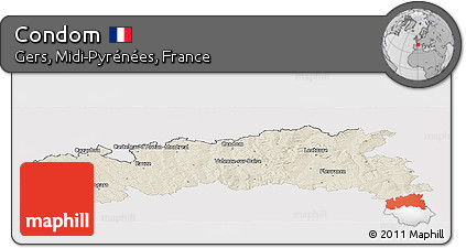 Shaded Relief Panoramic Map of Condom, single color outside