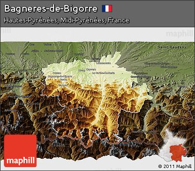 Physical 3D Map of Bagneres-de-Bigorre, darken