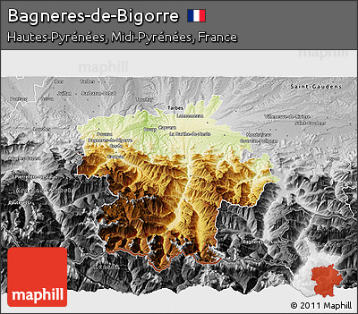 Physical 3D Map of Bagneres-de-Bigorre, desaturated