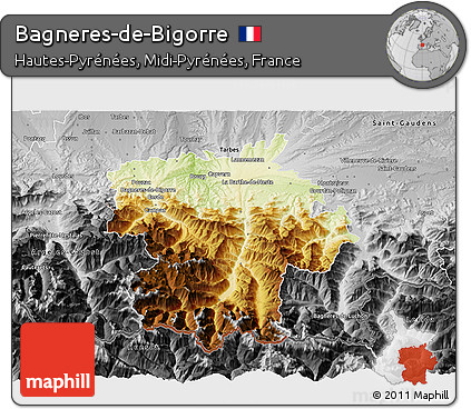 Physical 3D Map of Bagneres-de-Bigorre, desaturated