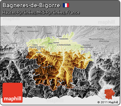 Physical 3D Map of Bagneres-de-Bigorre, desaturated
