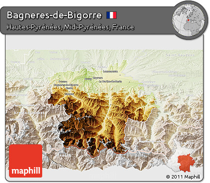 Physical 3D Map of Bagneres-de-Bigorre, lighten
