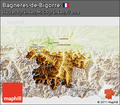 Physical 3D Map of Bagneres-de-Bigorre, lighten