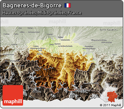 Physical 3D Map of Bagneres-de-Bigorre, semi-desaturated