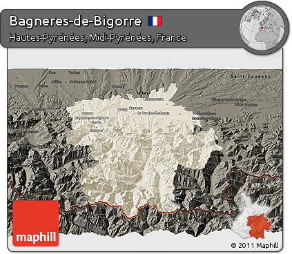 Shaded Relief 3D Map of Bagneres-de-Bigorre, darken