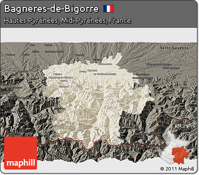Shaded Relief 3D Map of Bagneres-de-Bigorre, darken