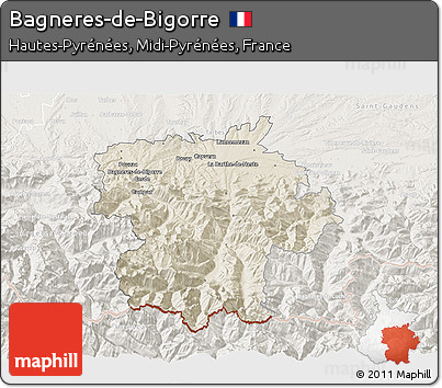 Shaded Relief 3D Map of Bagneres-de-Bigorre, lighten