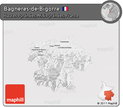 Silver Style 3D Map of Bagneres-de-Bigorre, single color outside