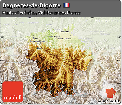 Physical Map of Bagneres-de-Bigorre, lighten