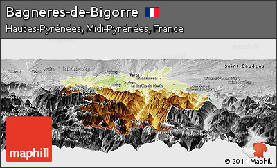 Physical Panoramic Map of Bagneres-de-Bigorre, desaturated