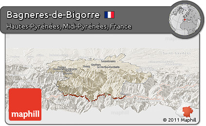 Shaded Relief Panoramic Map of Bagneres-de-Bigorre, lighten