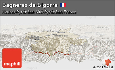 Shaded Relief Panoramic Map of Bagneres-de-Bigorre, lighten