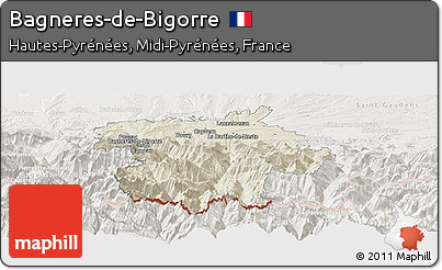 Shaded Relief Panoramic Map of Bagneres-de-Bigorre, lighten