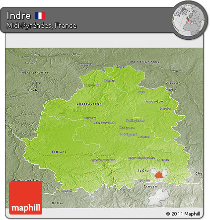 Physical 3D Map of Indre, semi-desaturated
