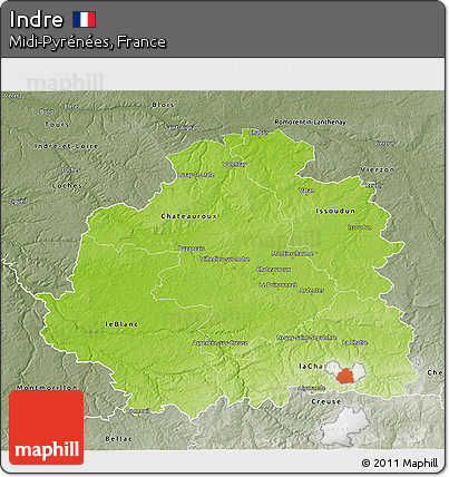 Physical 3D Map of Indre, semi-desaturated