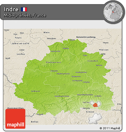 Physical 3D Map of Indre, shaded relief outside