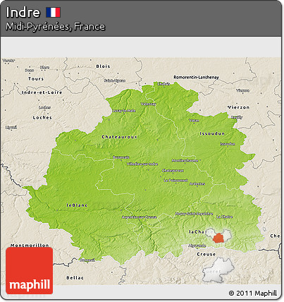 Physical 3D Map of Indre, shaded relief outside