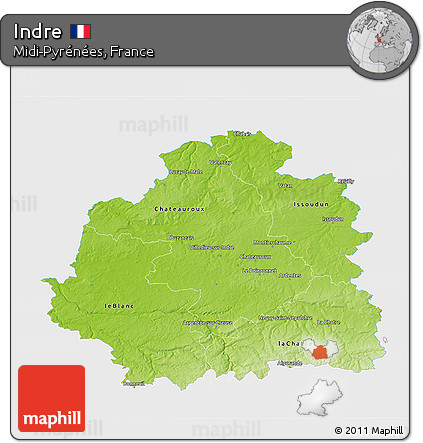 Physical 3D Map of Indre, single color outside