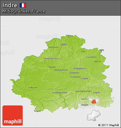 Physical 3D Map of Indre, single color outside