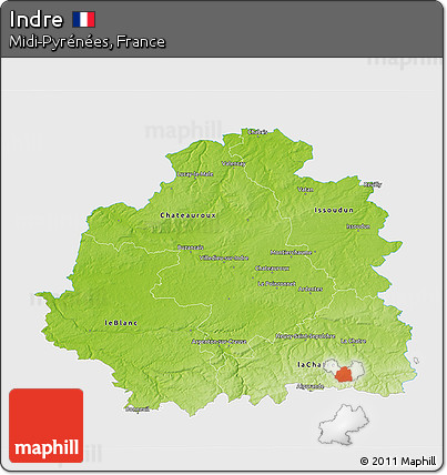 Physical 3D Map of Indre, single color outside