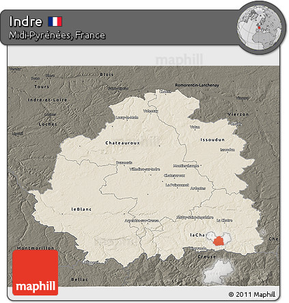Shaded Relief 3D Map of Indre, darken