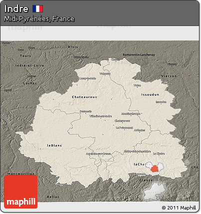 Shaded Relief 3D Map of Indre, darken