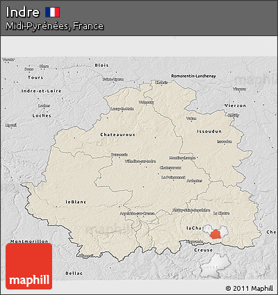 Shaded Relief 3D Map of Indre, desaturated